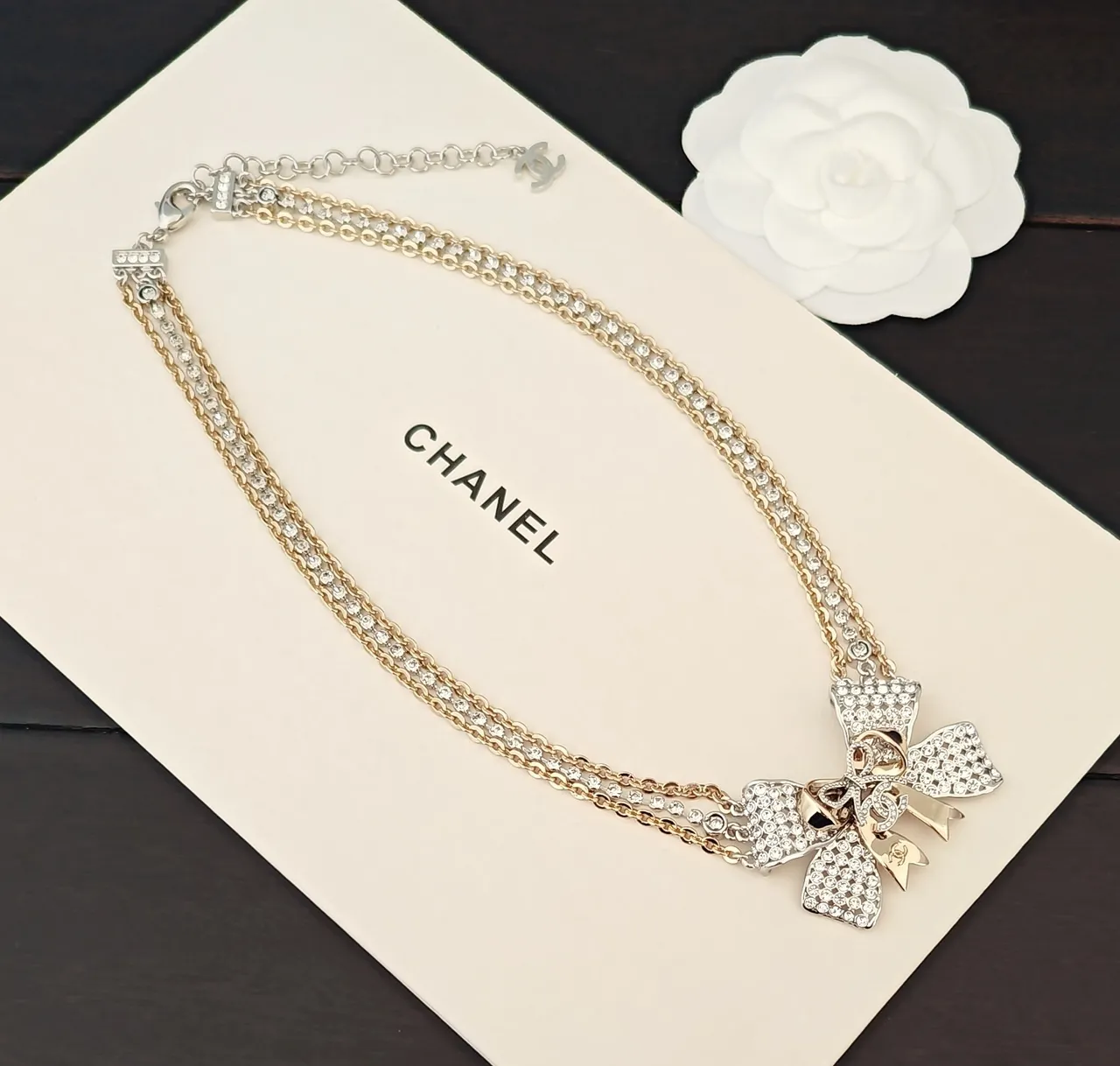 Chanel Ribbon Bow Pave Crystal Necklace 4