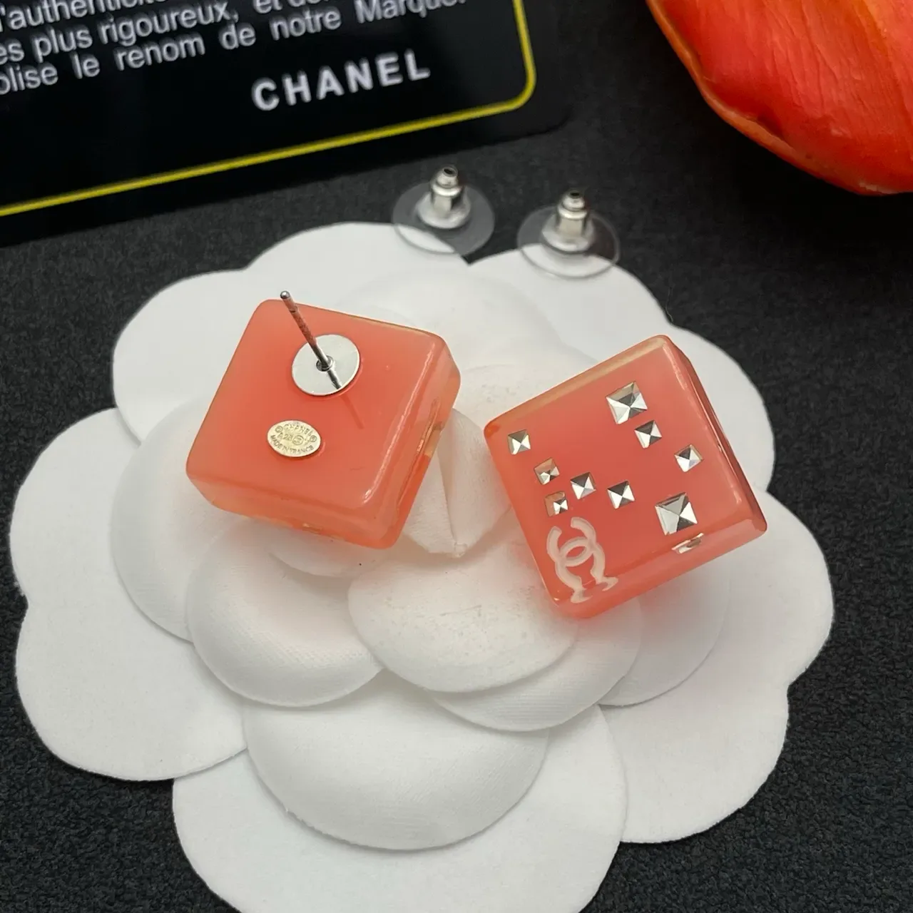 Chanel Square Resin Pyramid-Studded CC Logo Earrings 5