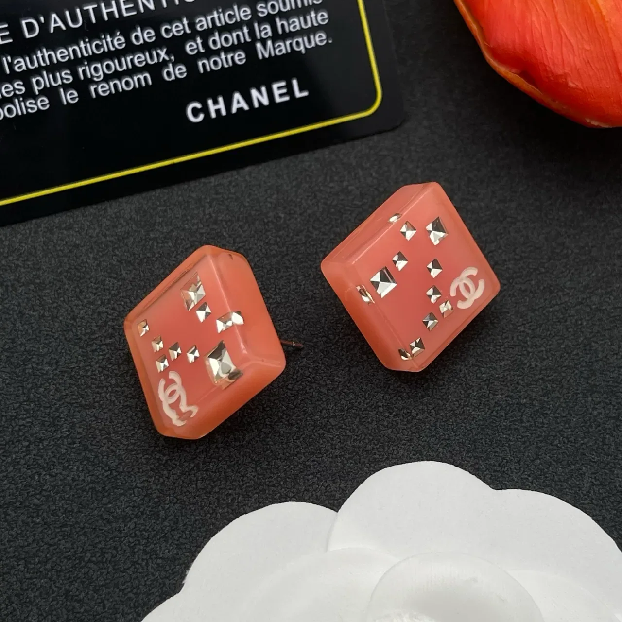 Chanel Square Resin Pyramid-Studded CC Logo Earrings 6