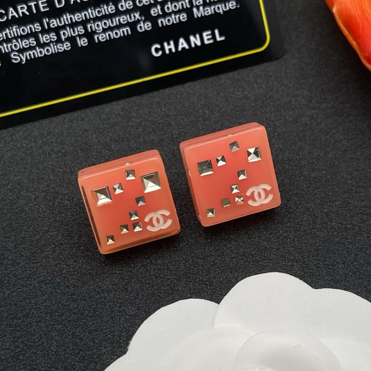 Chanel Square Resin Pyramid-Studded CC Logo Earrings 8
