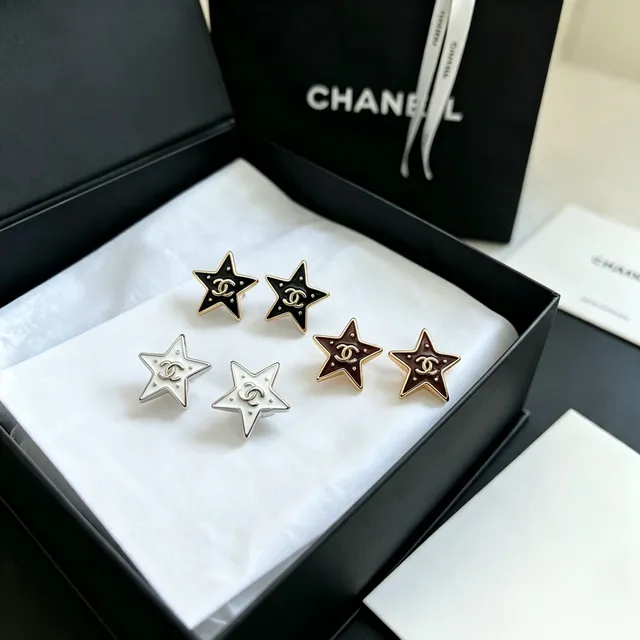 Chanel Star White Silver Enamel Earrings 3
