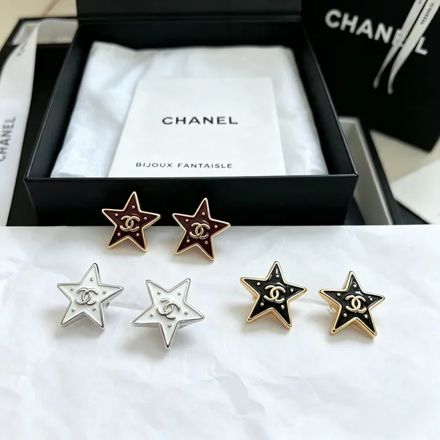 Chanel Star White Silver Enamel Earrings 4