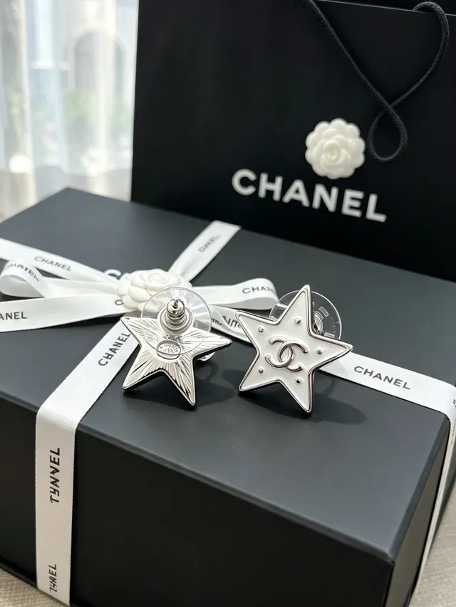 Chanel Star White Silver Enamel Earrings 5