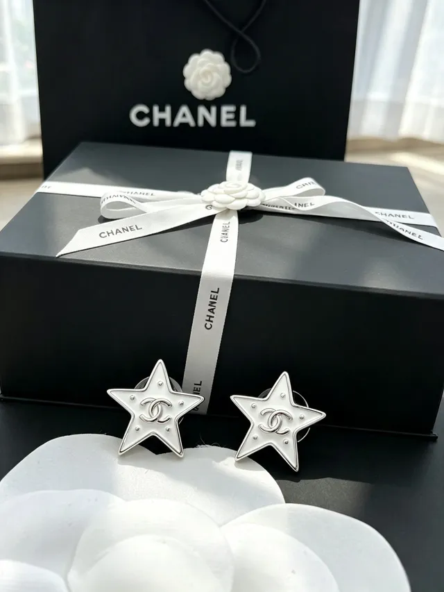 Chanel Star White Silver Enamel Earrings 6