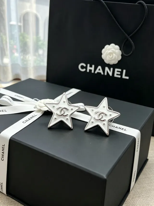 Chanel Star White Silver Enamel Earrings 11