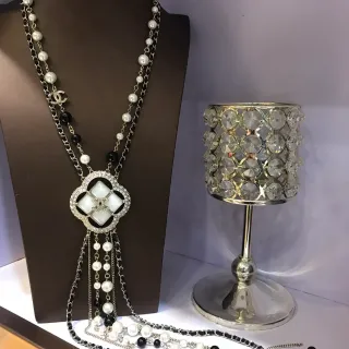 Chanel White Black Quatrefoil Pendant Multi-Strand Layered Necklace
