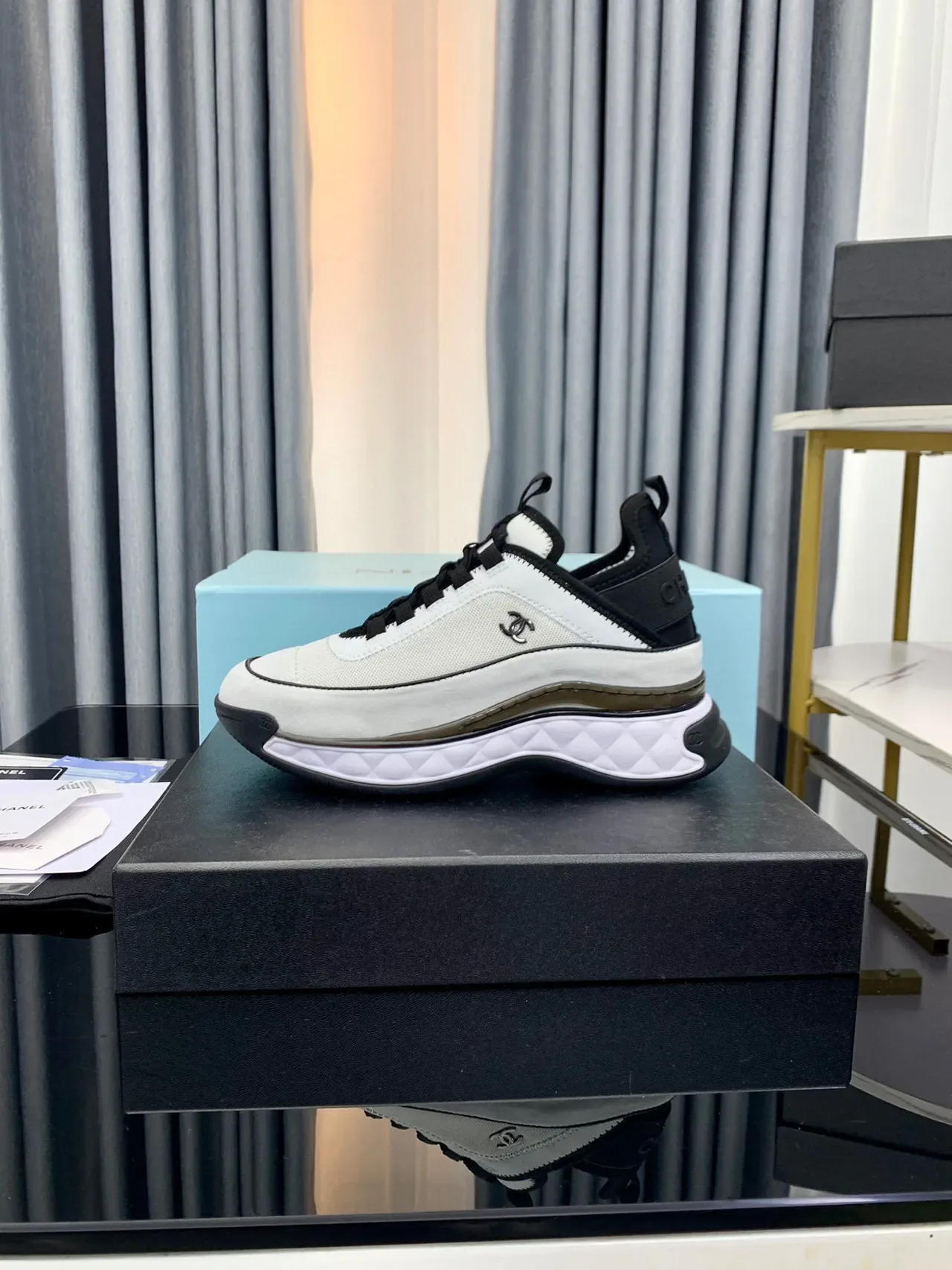 Chanel White Blue Midsole Quilted Outsole Chunky Sneakers 9
