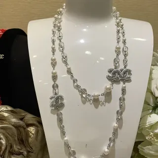 Chanel White Silver Double-Strand Pearl And Crystal Bead Necklace