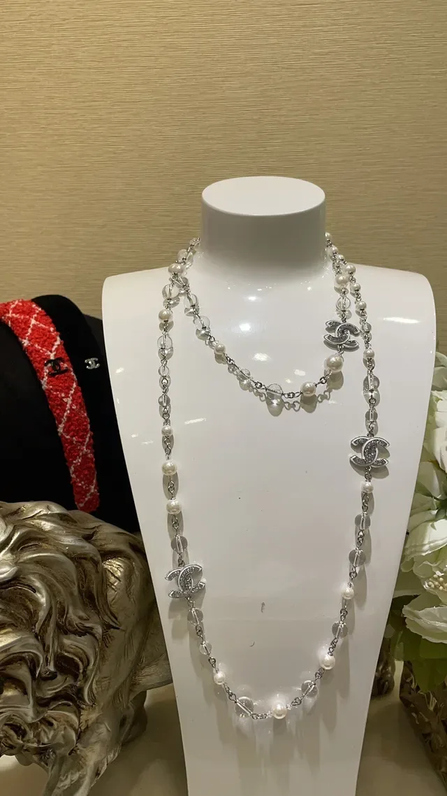 Chanel White Silver Double-Strand Pearl And Crystal Bead Necklace 3