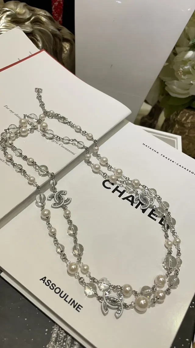 Chanel White Silver Double-Strand Pearl And Crystal Bead Necklace 5
