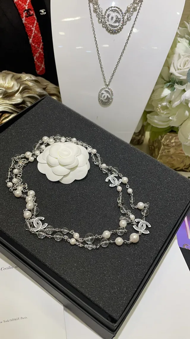 Chanel White Silver Double-Strand Pearl And Crystal Bead Necklace 6