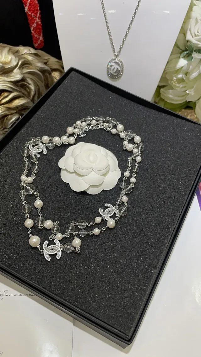 Chanel White Silver Double-Strand Pearl And Crystal Bead Necklace 7