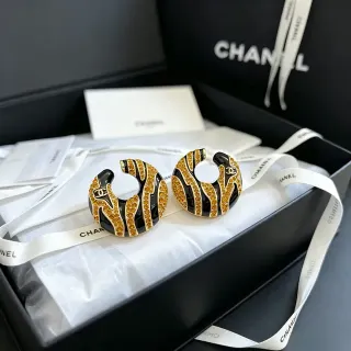 Chanel Zebra-Stripe Crystal and Black Enamel Hoop Earrings