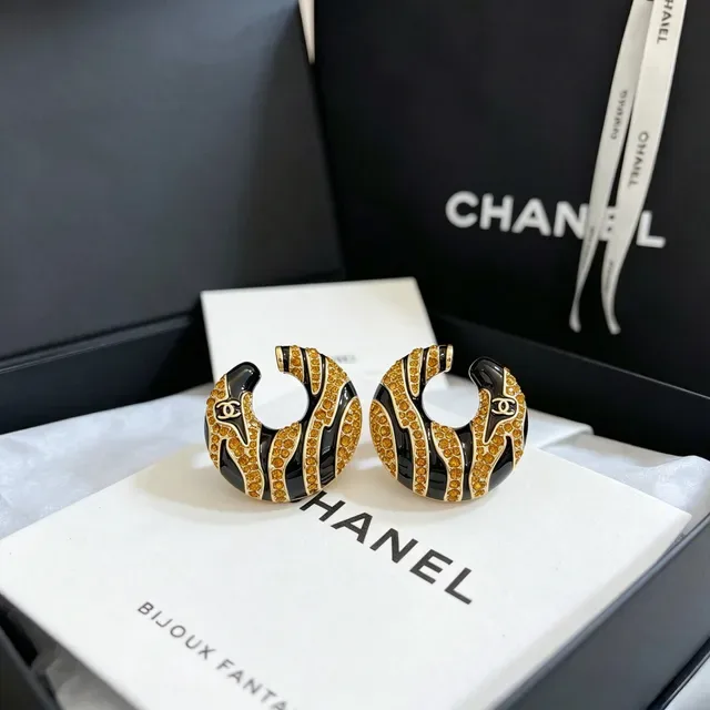 Chanel Zebra-Stripe Crystal and Black Enamel Hoop Earrings 4