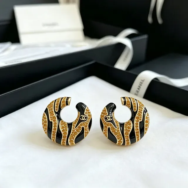Chanel Zebra-Stripe Crystal and Black Enamel Hoop Earrings 5