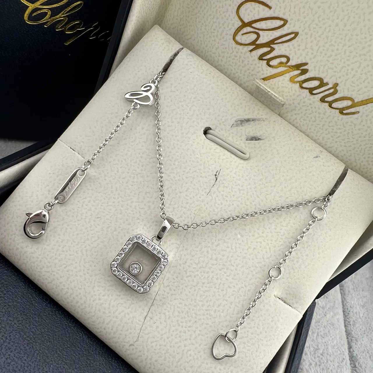 Chopard Happy Diamonds Gold Silver Square Pendant Pavé Diamond Bezel Necklace 4