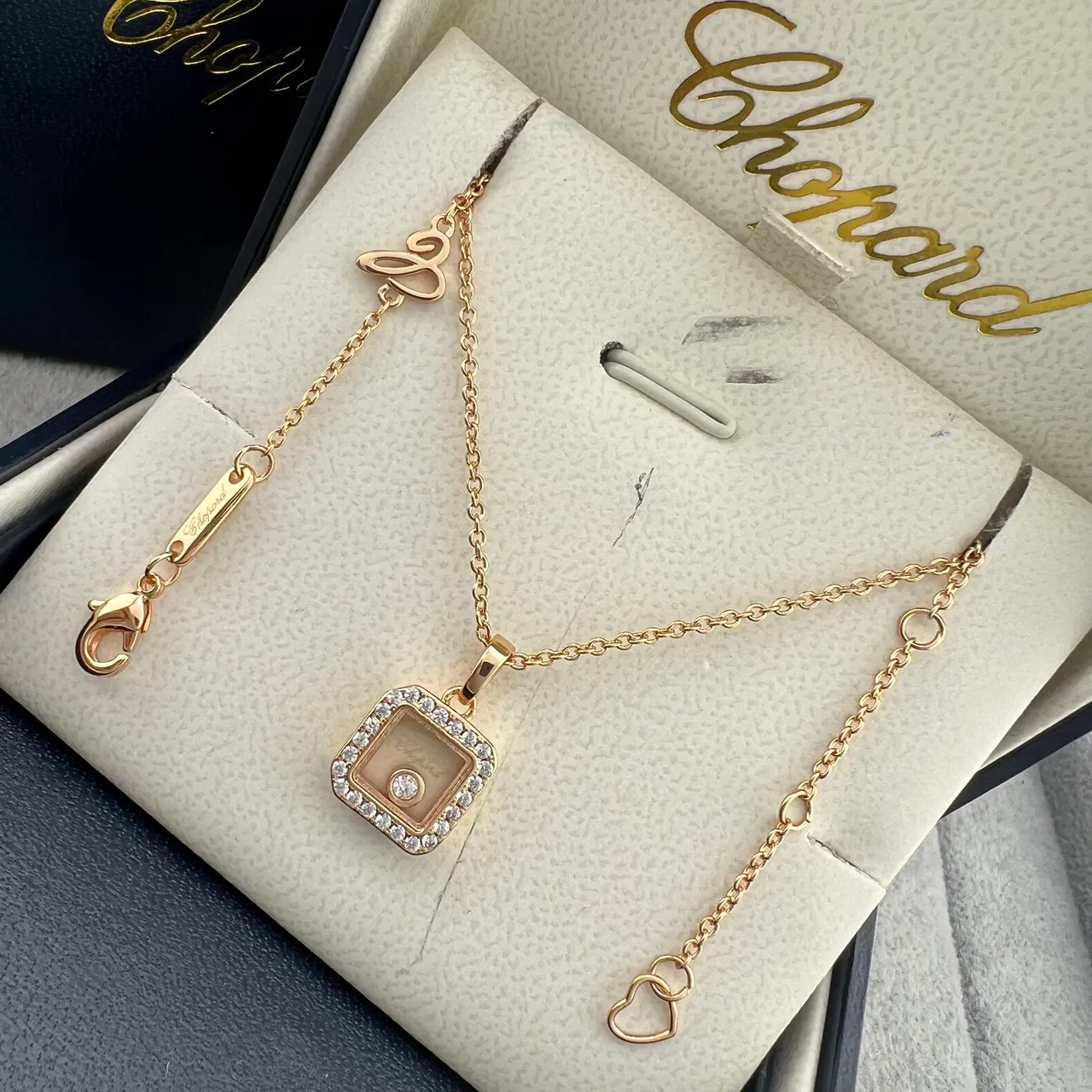 Chopard Happy Diamonds Gold Silver Square Pendant Pavé Diamond Bezel Necklace 5