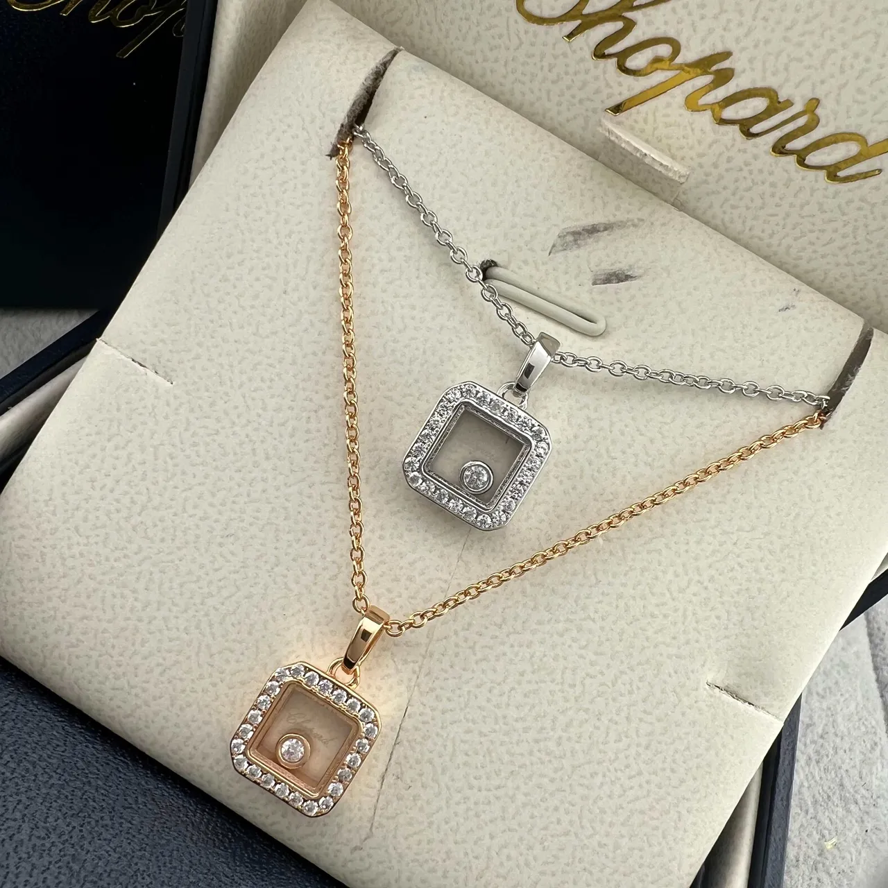 Chopard Happy Diamonds Gold Silver Square Pendant Pavé Diamond Bezel Necklace 6