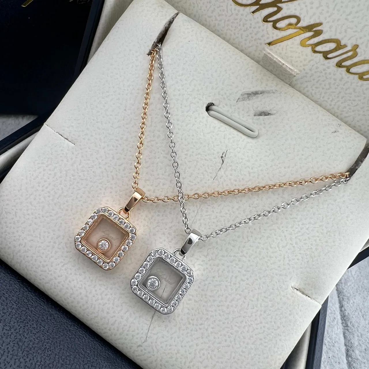 Chopard Happy Diamonds Gold Silver Square Pendant Pavé Diamond Bezel Necklace 7