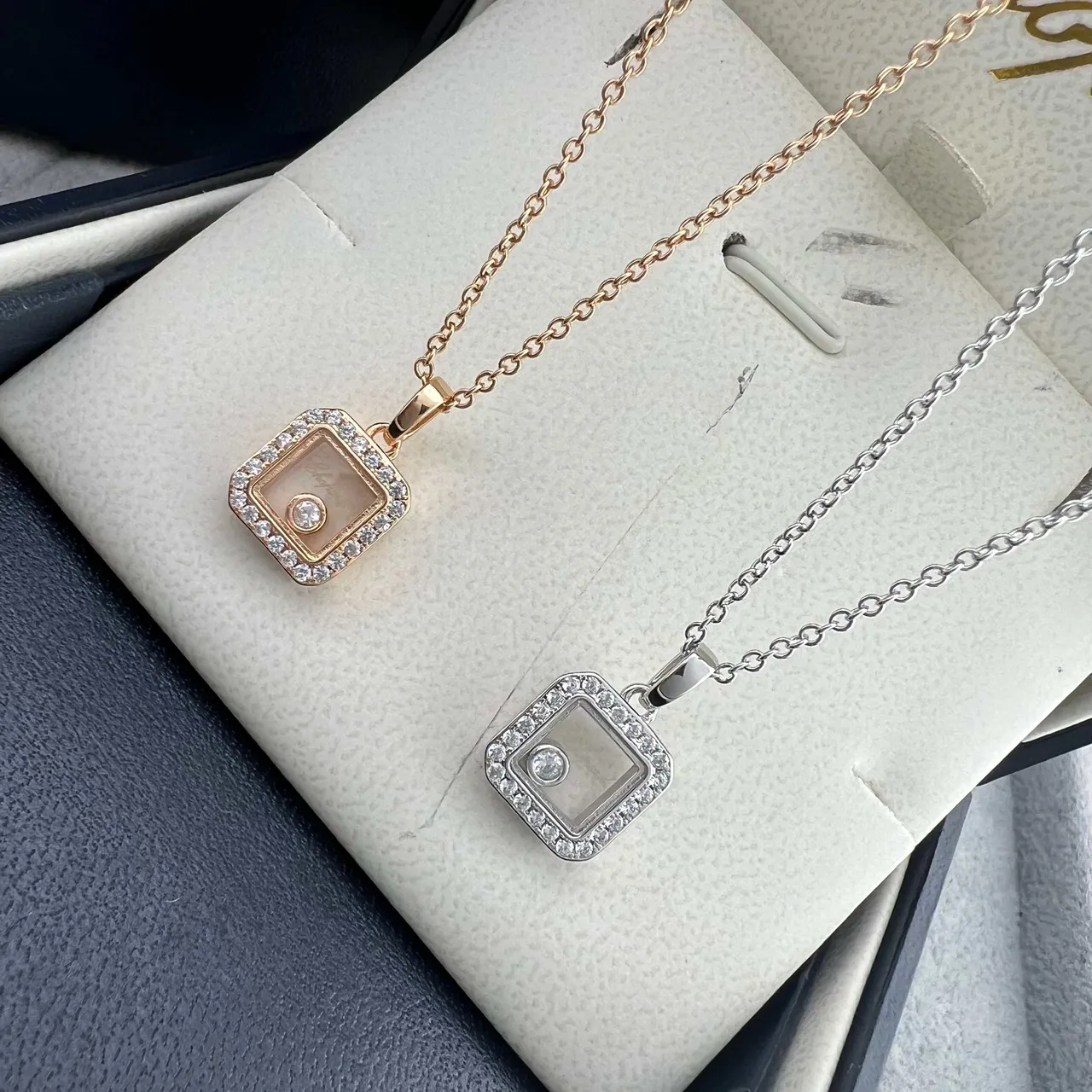 Chopard Happy Diamonds Gold Silver Square Pendant Pavé Diamond Bezel Necklace 8