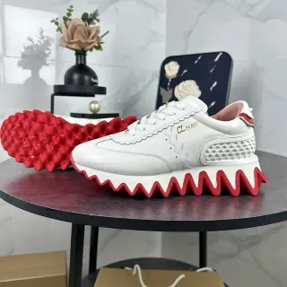 Christian Louboutin Loubi Run White Red Leather Upper Scalloped Edge Detailing Lifestyle Sneakers