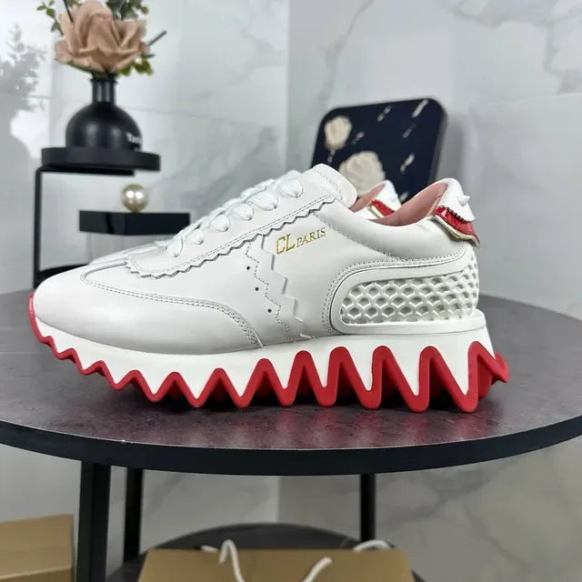 Christian Louboutin Loubi Run Blanc Rouge Cuir Supérieur Détail de Borde Ondulé Sneakers Lifestyle 2