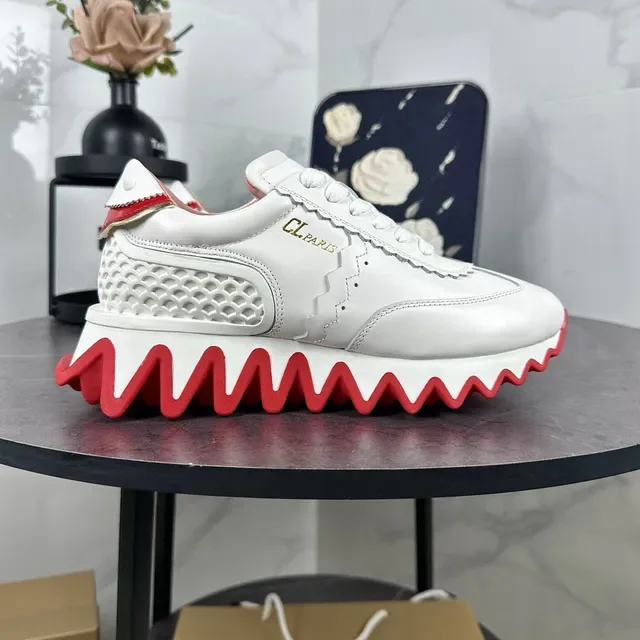 Christian Louboutin Loubi Run Blanc Rouge Cuir Supérieur Détail de Borde Ondulé Sneakers Lifestyle 6