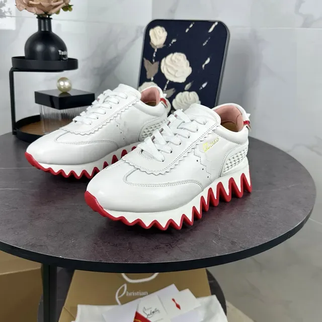 Christian Louboutin Loubi Run Blanc Rouge Cuir Supérieur Détail de Borde Ondulé Sneakers Lifestyle 9