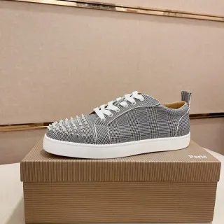 Christian Louboutin Louis Junior Spikes Gray White Plaid Textile Upper Conical Silver Toe Studs Lifestyle Sneakers
