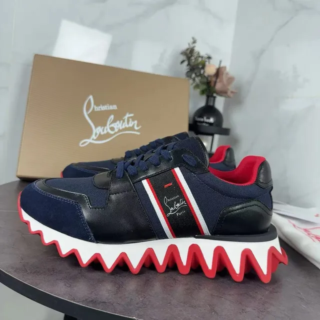 Christian Louboutin Tênis Chunky com sola intermediária ondulada em textil e couro preto superior navy red 2
