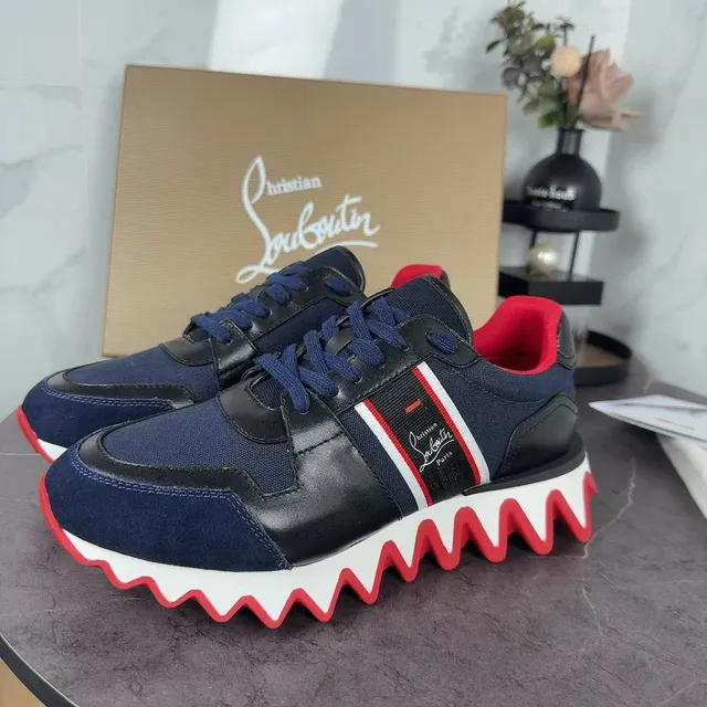 Christian Louboutin Tênis Chunky com sola intermediária ondulada em textil e couro preto superior navy red 5