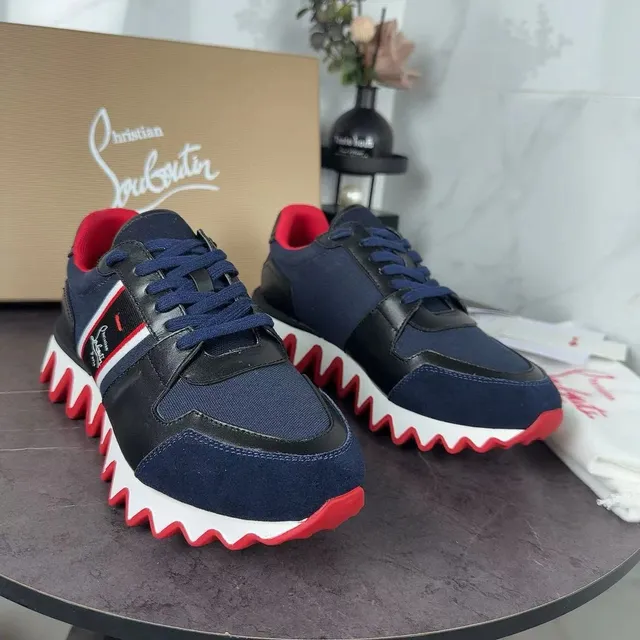 Christian Louboutin Tênis Chunky com sola intermediária ondulada em textil e couro preto superior navy red 6
