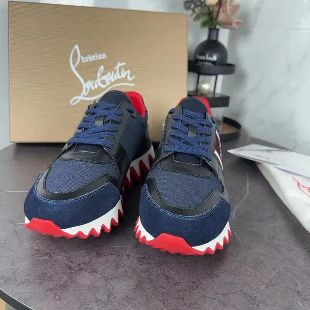 Christian Louboutin Tênis Chunky com sola intermediária ondulada em textil e couro preto superior navy red 7