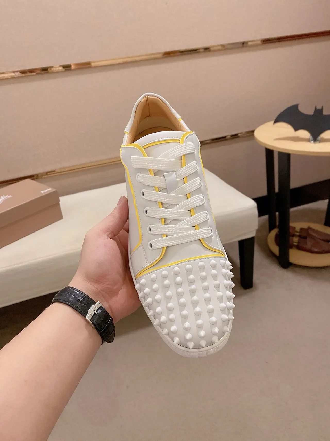 Christian Louboutin Spike White Yellow Spiked Toe And Heel Smooth Leather Lifestyle Sneakers 2