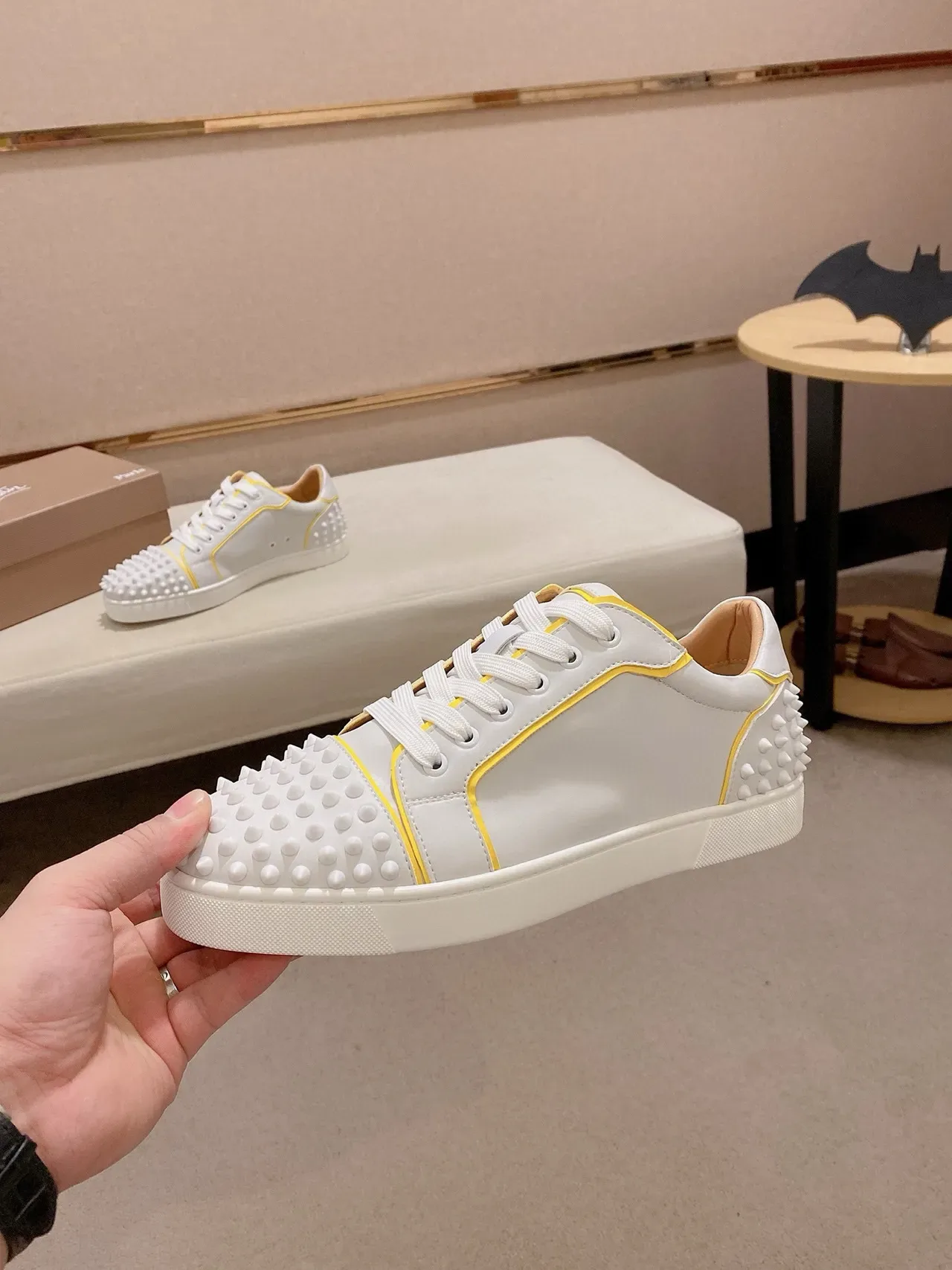 Christian Louboutin Spike White Yellow Spiked Toe And Heel Smooth Leather Lifestyle Sneakers 3