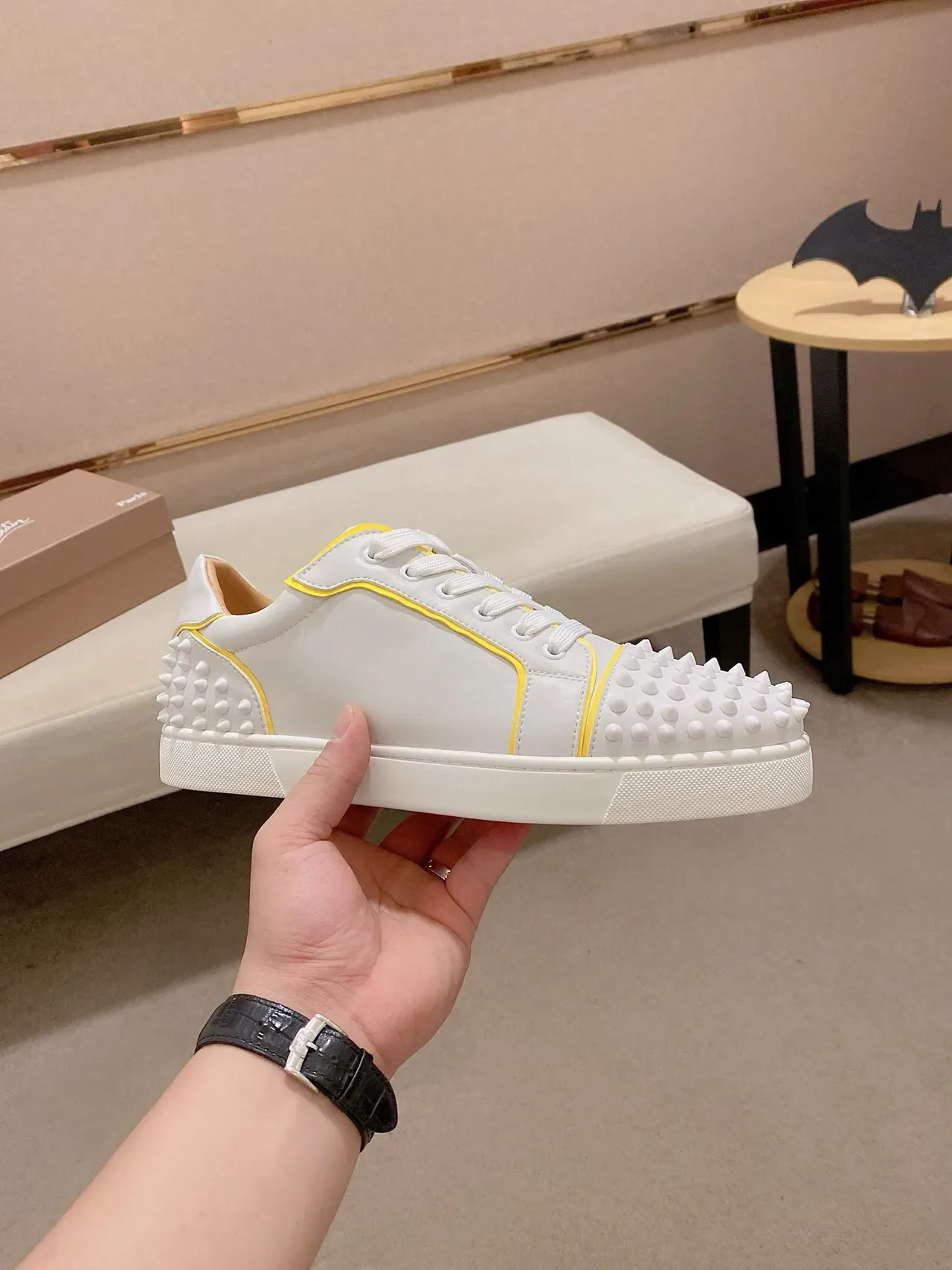 Christian Louboutin Spike White Yellow Spiked Toe And Heel Smooth Leather Lifestyle Sneakers 4