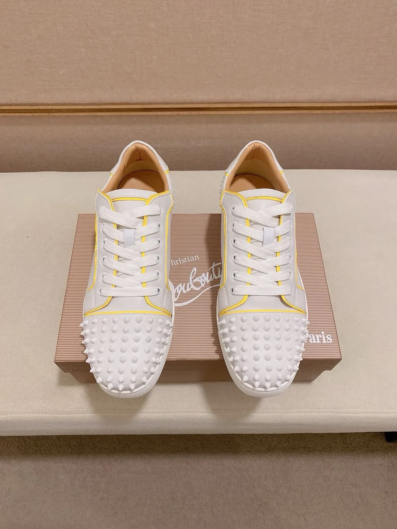 Christian Louboutin Spike White Yellow Spiked Toe And Heel Smooth Leather Lifestyle Sneakers 7