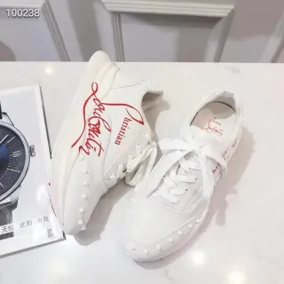 Christian Louboutin White Red Leather-Like Upper Signature Script Logo Lifestyle Sneakers