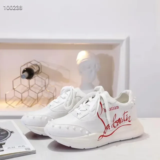 Christian Louboutin Blancs Rouges Haut en Similicuir Logo Signature Script Sneakers Lifestyle 2