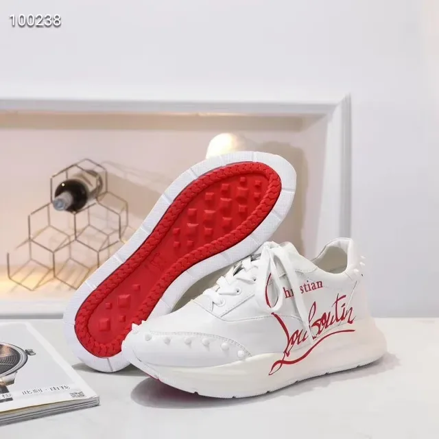 Christian Louboutin Blancs Rouges Haut en Similicuir Logo Signature Script Sneakers Lifestyle 5