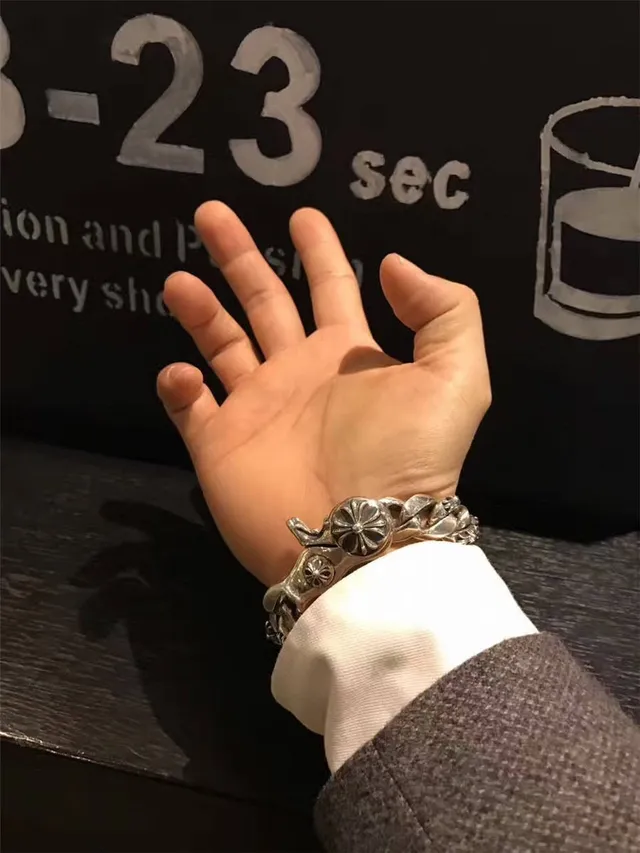Chrome Hearts Cross Fleur Engraved Silver Bracelet 2