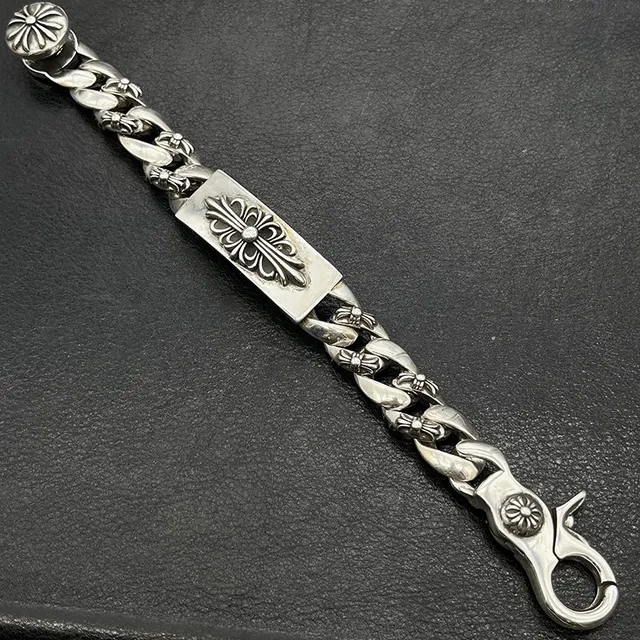 Chrome Hearts Cross Fleur Engraved Silver Bracelet 7