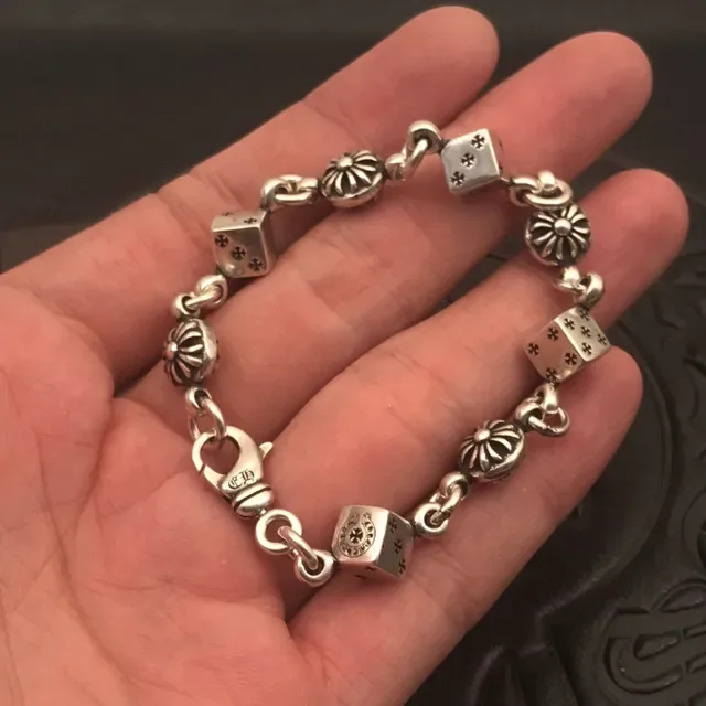 Chrome Hearts Pulseira Dados Prata Charms Motivos Florais Sunburst 5