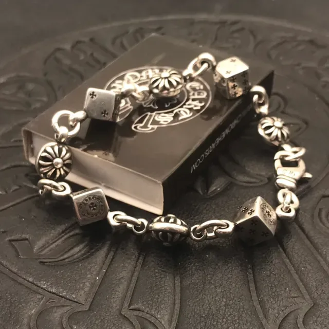 Chrome Hearts Pulseira Dados Prata Charms Motivos Florais Sunburst 7