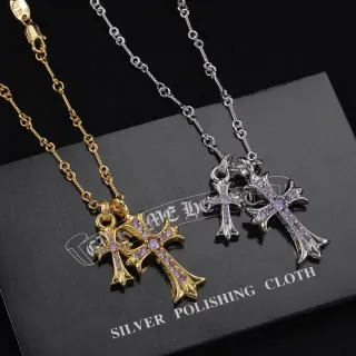 Chrome Hearts Double Cross Purple Stone Gold and Silver Necklace