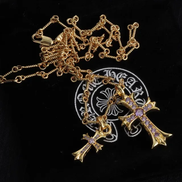 Chrome Hearts Double Cross Purple Stone Gold and Silver Necklace 2