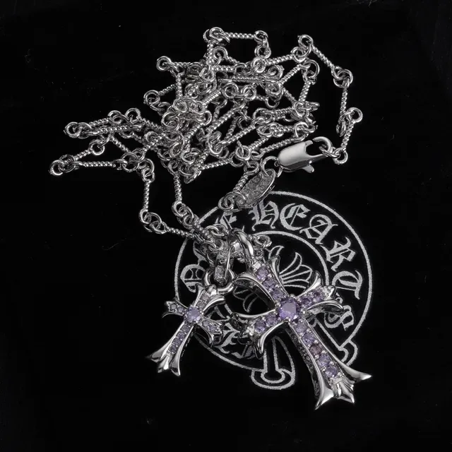 Chrome Hearts Double Cross Purple Stone Gold and Silver Necklace 3
