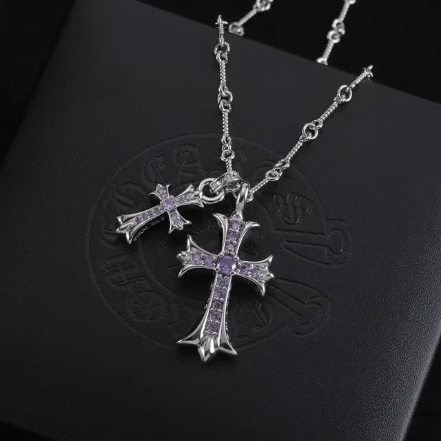 Chrome Hearts Double Cross Purple Stone Gold and Silver Necklace 4