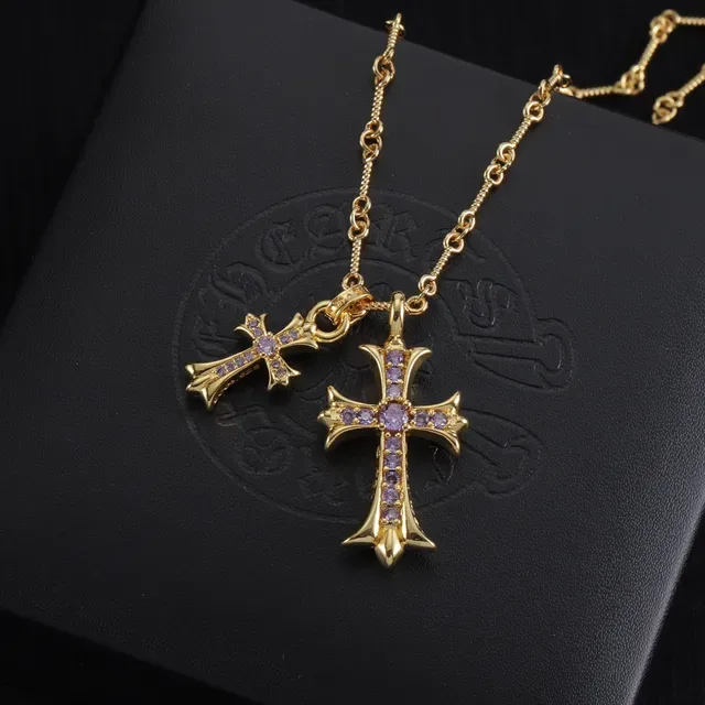 Chrome Hearts Double Cross Purple Stone Gold and Silver Necklace 5