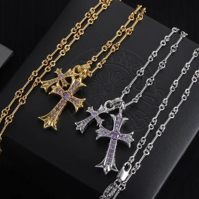 Chrome Hearts Double Cross Purple Stone Gold and Silver Necklace 6